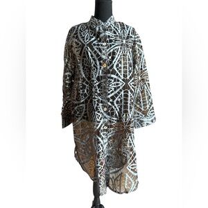 Long Sheer Dress Cover Up Jacket Black w Silver Design **2 Buttons Missing**‎ LS